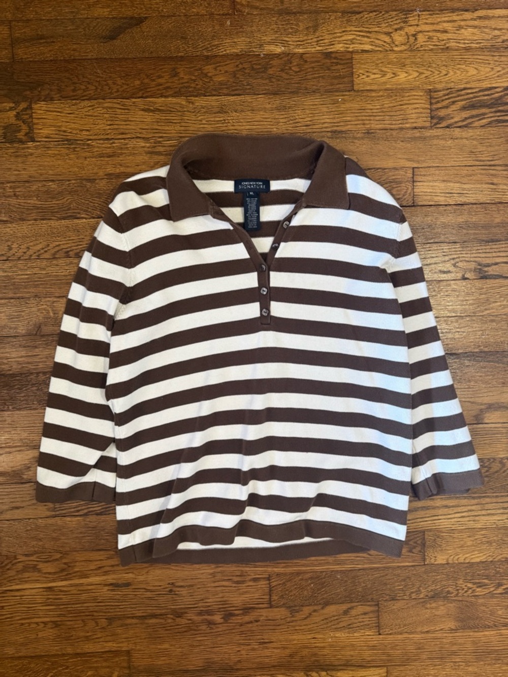 Jones New York Signature Brown and White Striped Polo Cardigan